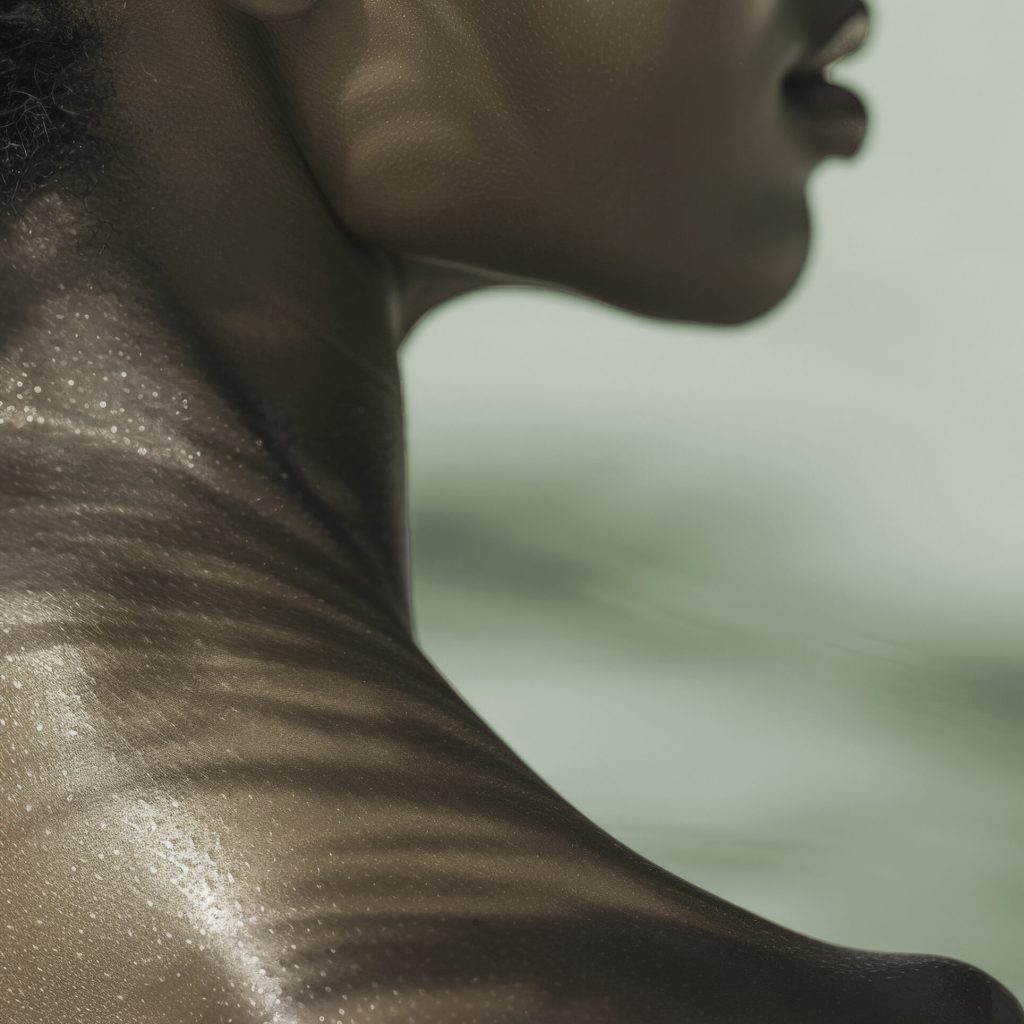 A woman stands outdoors, her skin glistening in the sunlight, creating intricate shadow patterns across her neck and shoulders, exemplifying natural beauty at golden hour.
